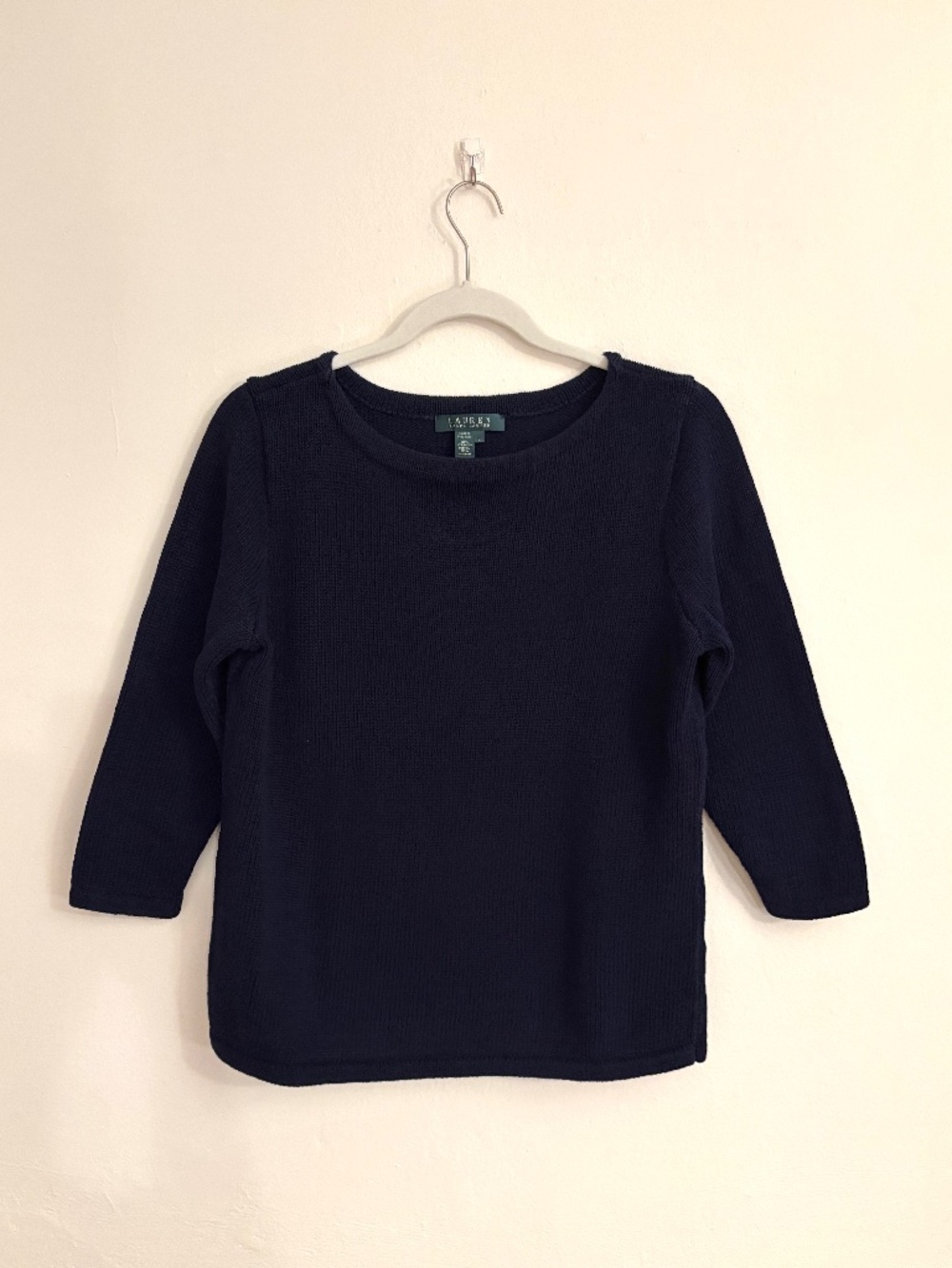 Lauren Ralph Lauren: Late 1990s Navy Boatneck Mercerized Cotton Sweater - Size L